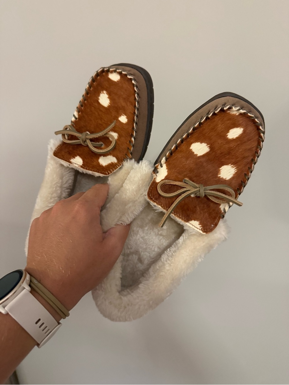 Brown & White Faux Fur Moccasin Slippers